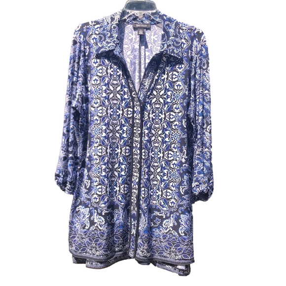 WHITE HOUSE BLACK MARKET TUNIC/DRESS XL Pit to Pit 22 1/2" Blues Blacks Preworn - Picture 1 of 15